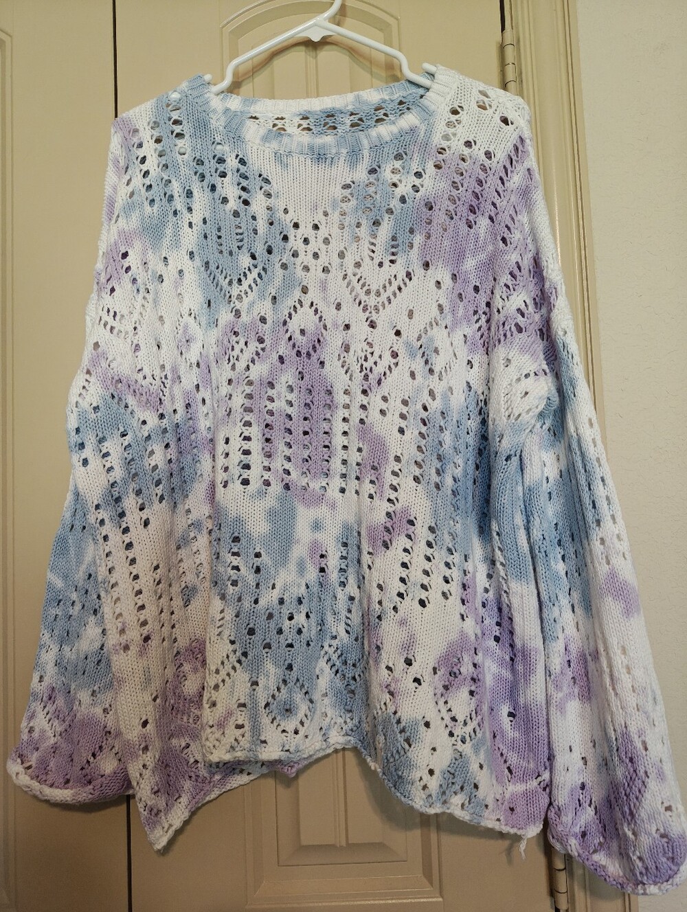 Free People 100% Cotton Pastel Tie Dye Open Knit Sweater Blue Lavender M NWOT